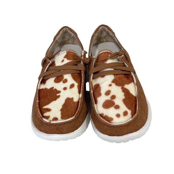 Gypsy Jazz Mooma Slip On Cow Print Loafer Faux Calf Hair Brown White Womens 6 - Picture 2 of 8